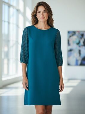 DKNY Mixed Media Sheer Sleeve Sheath Dress Size 14 Teal Cocktail Wedding Guest